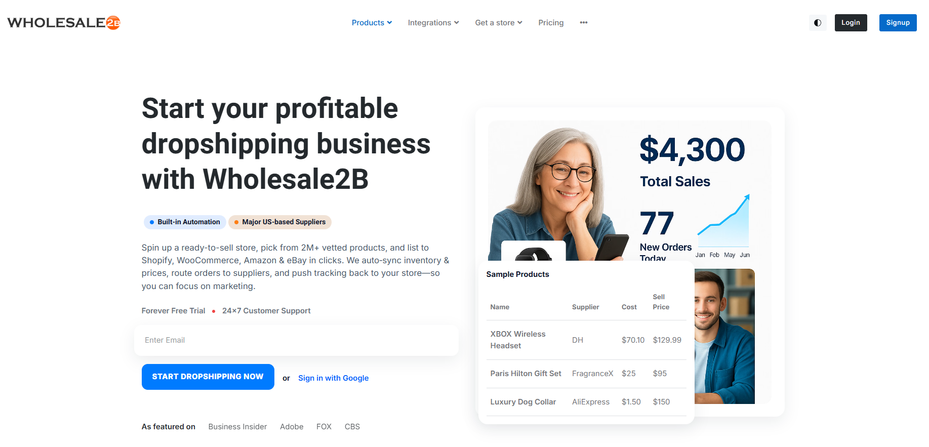 wolesale2b landing page screenshot