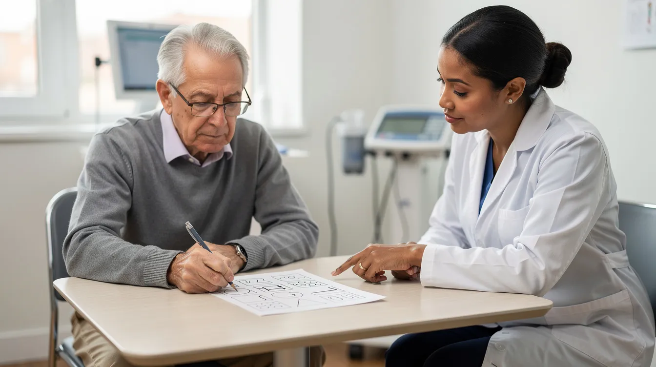 The image depicts an older adult participating in cognitive testing activities alongside a healthcare professional, focusing on assessing cognitive function and memory. This interaction may be part of research related to cognitive decline, including studies on mild cognitive impairment and potential treatments involving lithium for improving brain function.