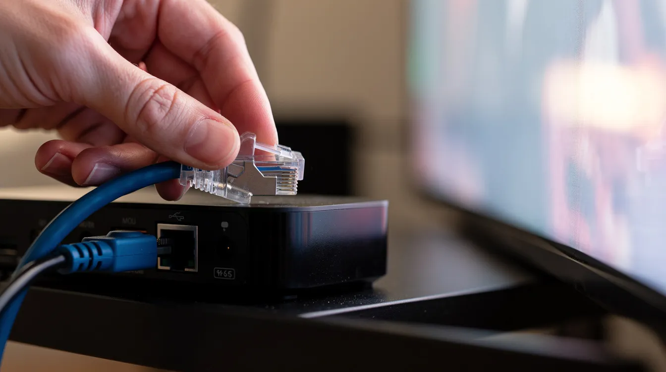 The image shows a close-up of an Ethernet cable being plugged into the back of a streaming device, positioned next to a television. This setup is essential for connecting to an IPTV Canada service, allowing users to stream live TV channels and enjoy various international programming.