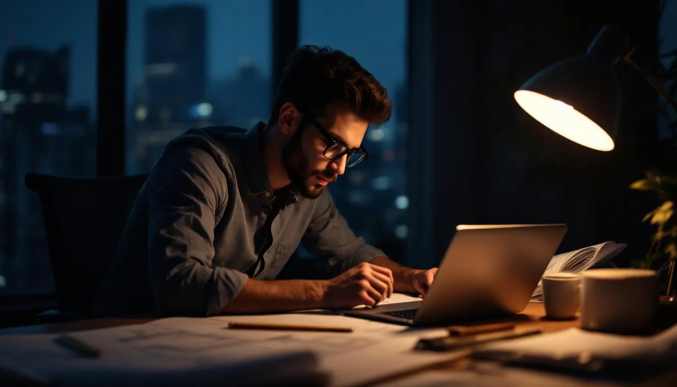 A young architect is working late at a desk, surrounded by architectural plans and a computer, demonstrating dedication to their career despite the long hours. This scene reflects the challenges of maintaining a healthy work-life balance in a demanding workplace.