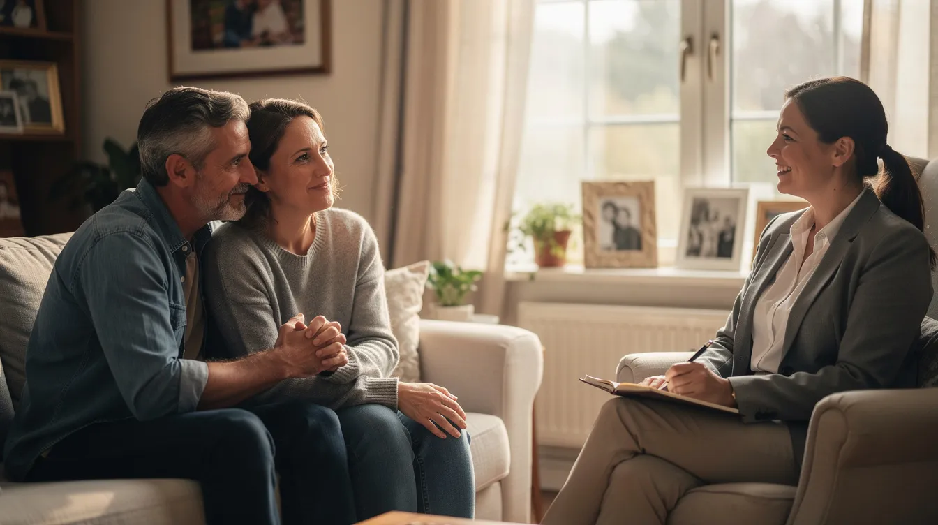 The image depicts a married couple sitting together in a cozy living room, engaged in a heartfelt conversation, symbolizing the importance of communication in preventing divorce. They are surrounded by family photos, illustrating a commitment to their relationship and the effort required to manage marital problems through marriage counseling and quality time together.
