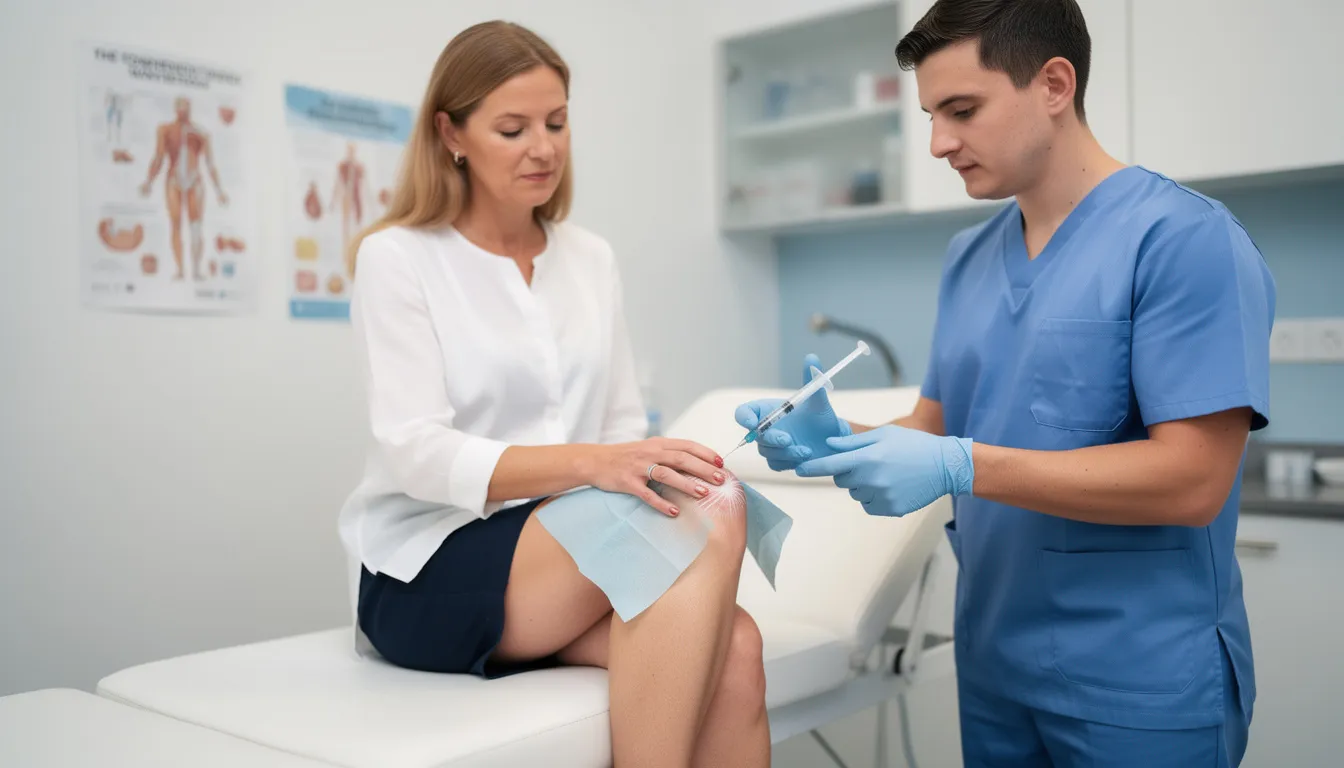 The image depicts a healthcare professional performing a joint injection procedure in a clinical setting, focusing on the treatment of damaged tissues. This procedure is part of stem cell therapy, which utilizes various types of stem cells, such as mesenchymal and hematopoietic stem cells, to promote tissue repair and regeneration.