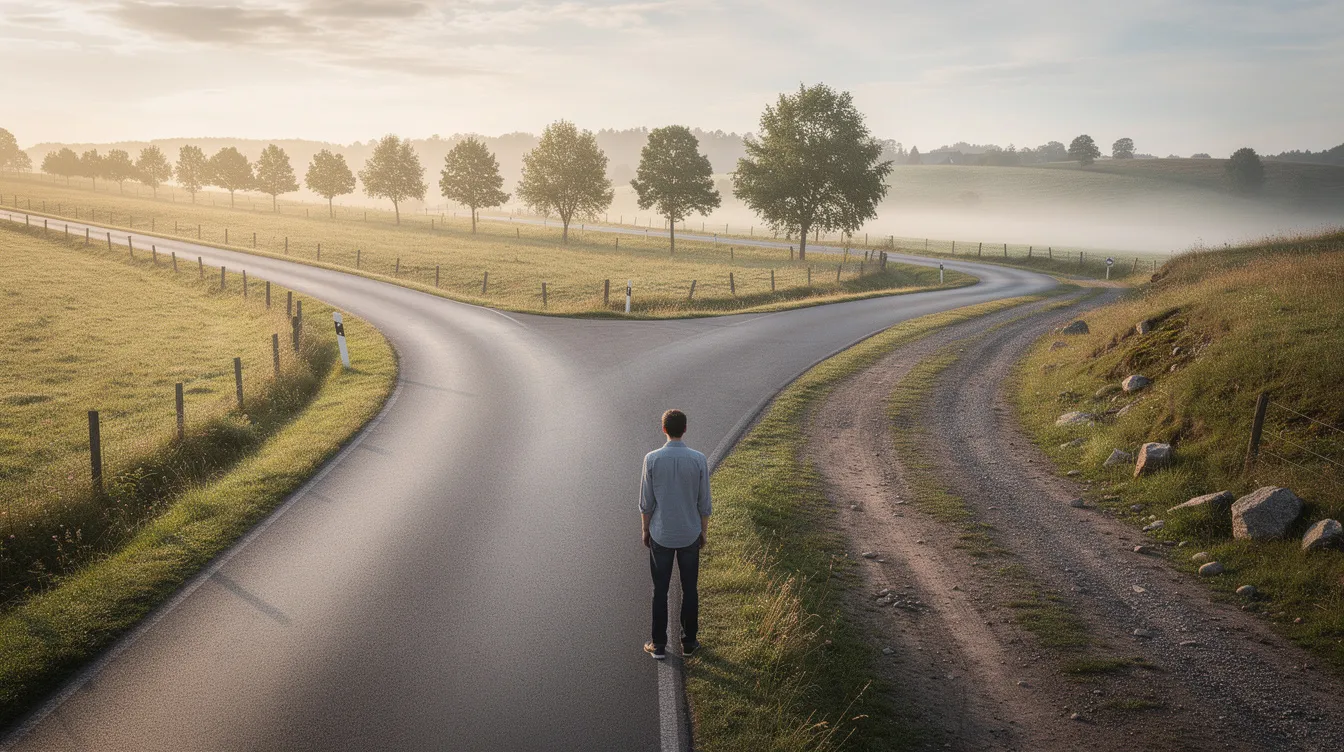 A person stands at a fork in the road, contemplating two paths: one is wide and well-paved, while the other is narrower and winding, symbolizing different choices in life, much like navigating financial options with 二線 財務 公司.