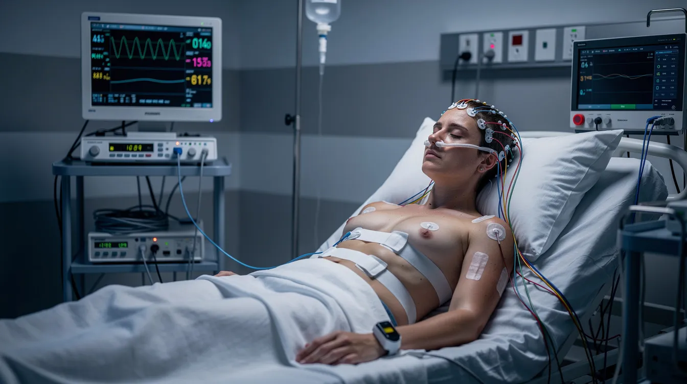 The image depicts a person in a clinical sleep study setting, surrounded by monitoring equipment that tracks various sleep stages and body movements. This setup is designed to gather sleep data, including heart rate and brain activity, to analyze sleep quality and patterns for research on sleep disorders.