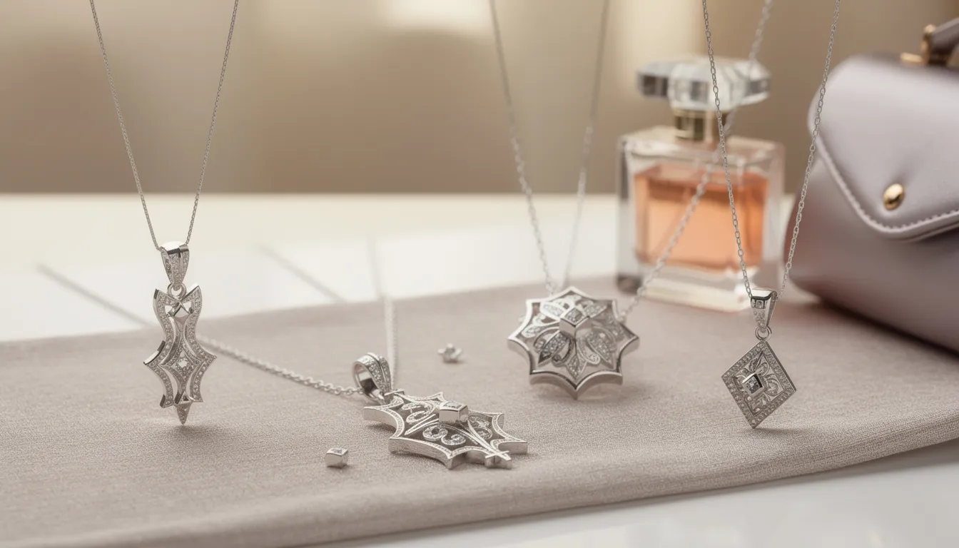 The image showcases a stunning collection of luxury silver jewellery, featuring intricately designed sterling silver necklaces and silver pendants that embody opulence and sophistication. Crafted with meticulous attention to detail, these handmade pieces transition effortlessly from day to night, making them perfect for any occasion.