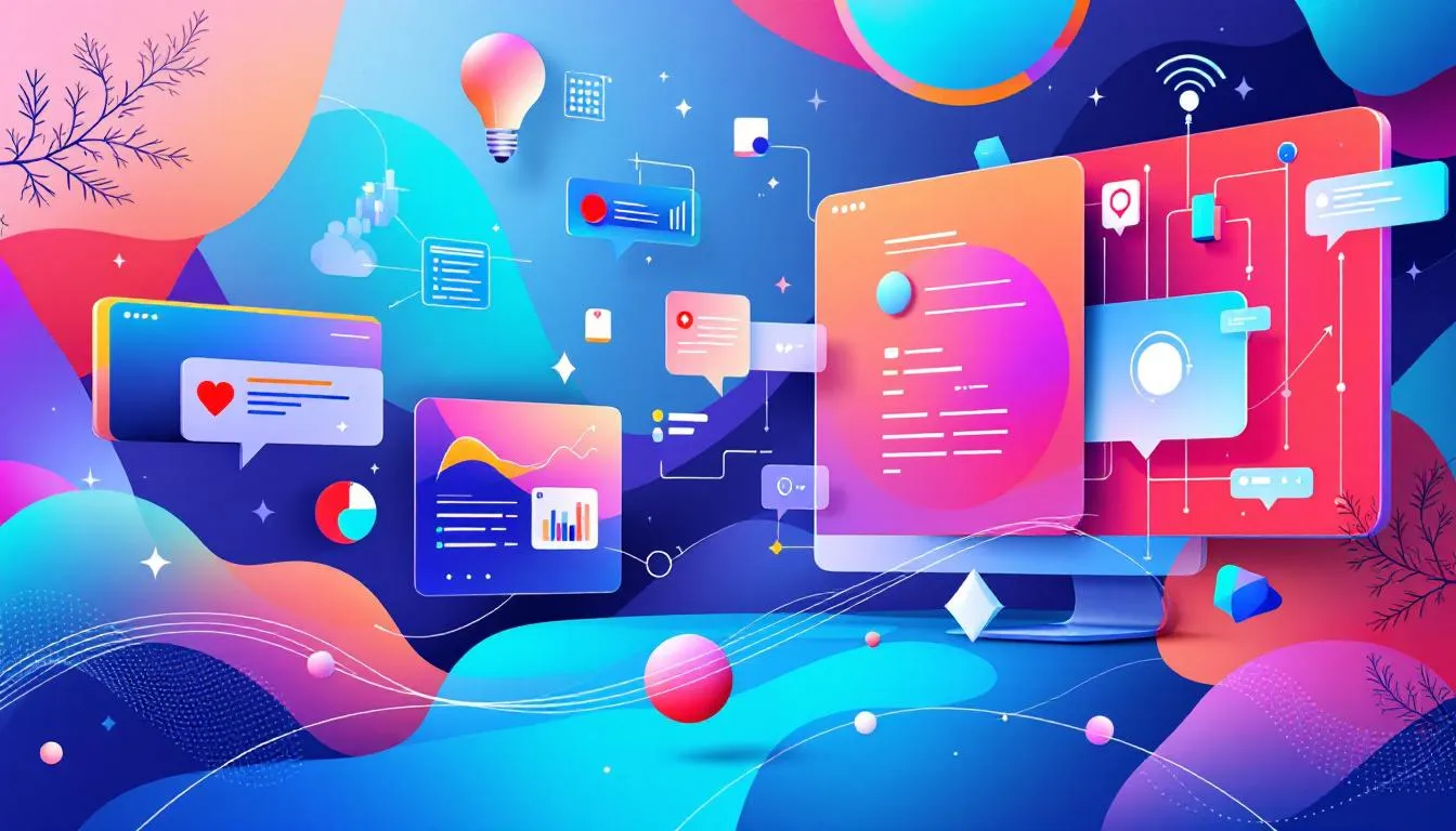 Colorful Digital Illustration Showing Analytics, Communication, And Workflow Automation Tools Representing Zoho Consultancy Services For Business Optimization.