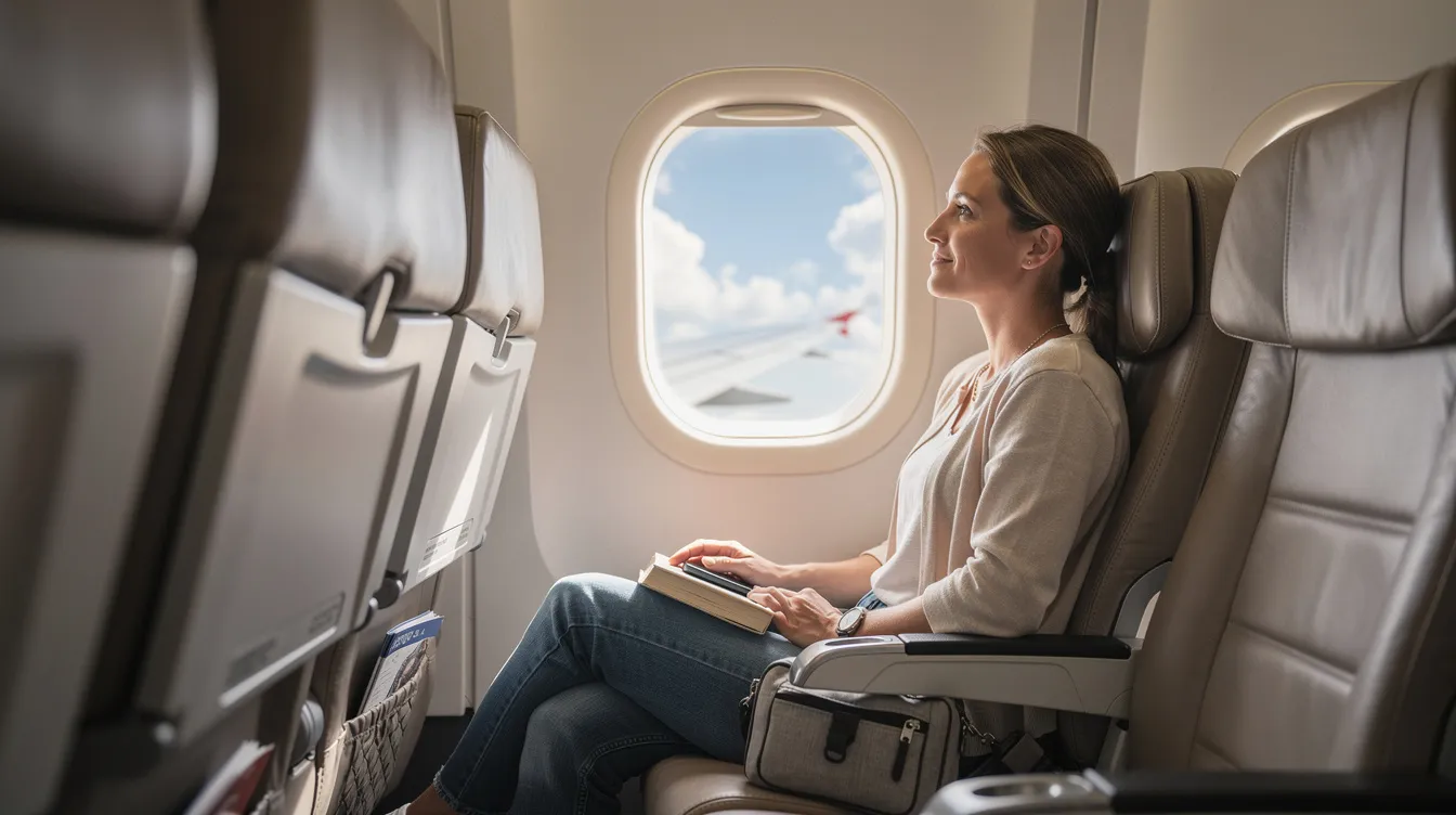 A traveler is seated comfortably in a window seat on an airplane, surrounded by minimal items like a small bag and a travel pillow, ready for their long flight. The window shade is pulled down, suggesting a desire to rest and potentially fall asleep during the journey.