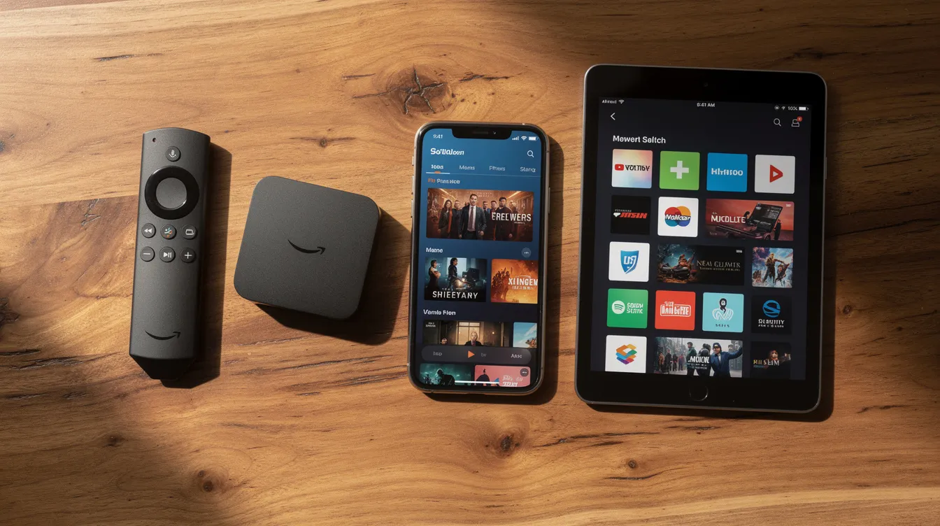 The image shows a variety of streaming devices on a wooden table, including a remote control, Fire Stick, smartphone, and tablet, representing options for accessing IPTV services. This setup highlights the convenience of streaming live TV channels and on-demand content across multiple devices.