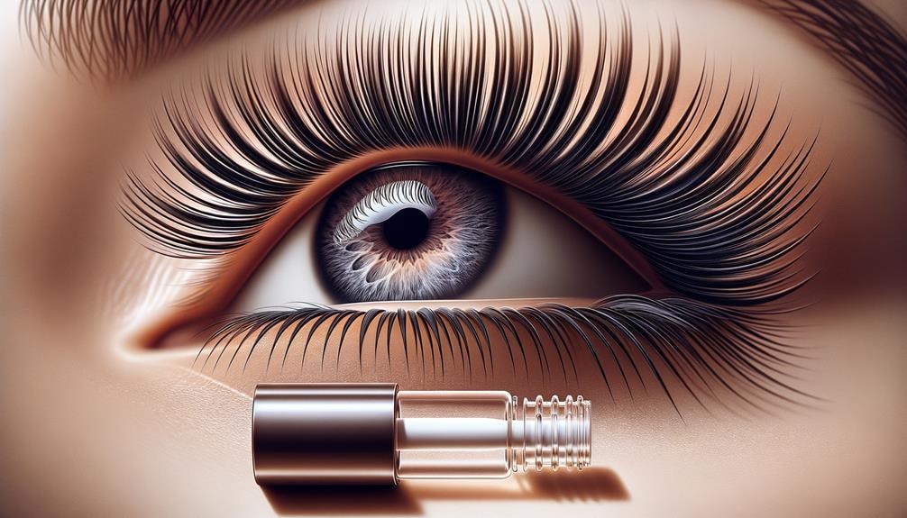 A close up of a female eye with long luscious lashes with a lash serum bottle below her eye laying horizontally