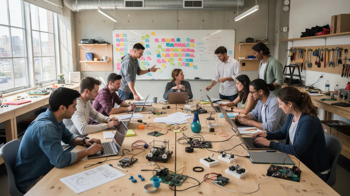 The image depicts a diverse group of international students collaborating in a modern university workshop, surrounded by laptops and project materials on tables. This scene highlights the dynamic student life and practical training often found in universities in the Netherlands, where affordable tuition fees and high-quality education attract both domestic and international students.