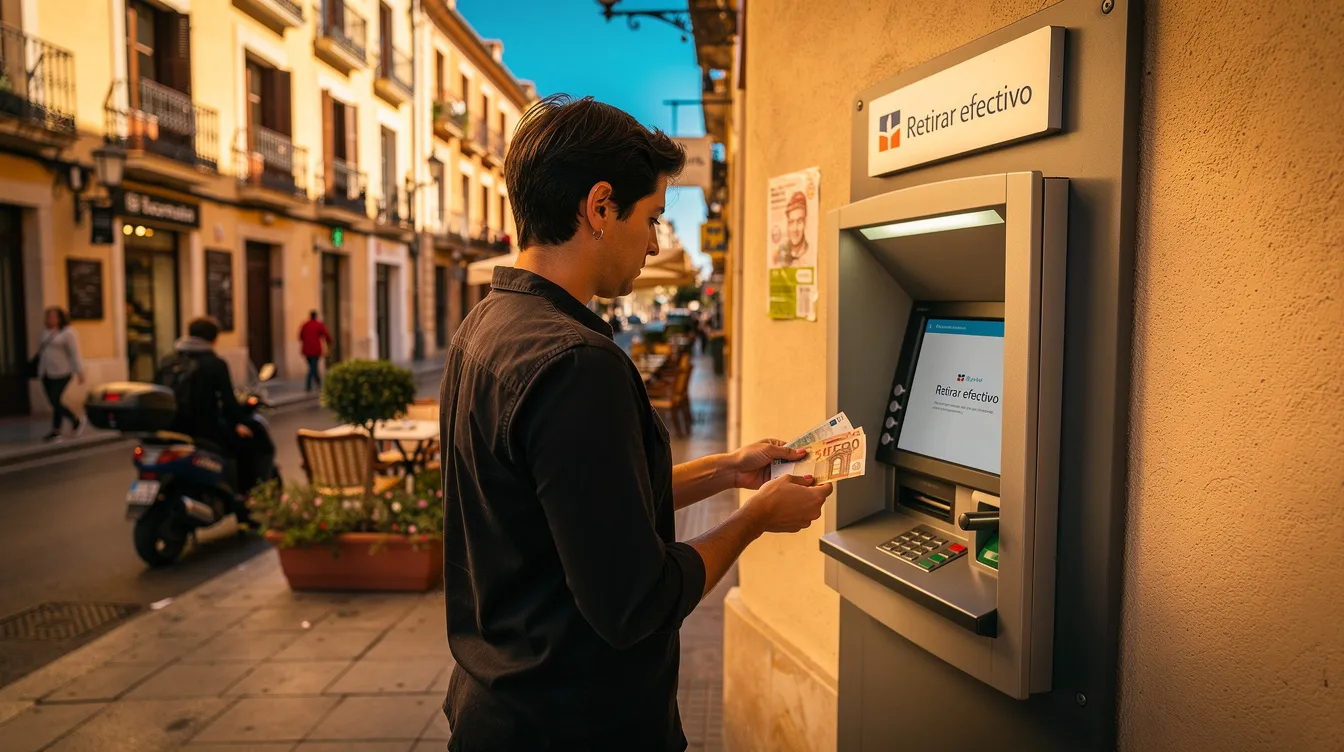 A person is withdrawing cash from a bank ATM on a sunny street in a vibrant Spanish city, using their debit card to complete the transaction. The scene captures the essence of cash withdrawals in Spain, highlighting the convenience of accessing local currency while enjoying the warm weather.