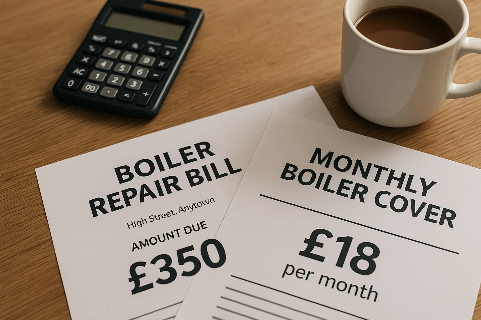 Comparison of a large boiler repair bill next to an affordable monthly cover plan.