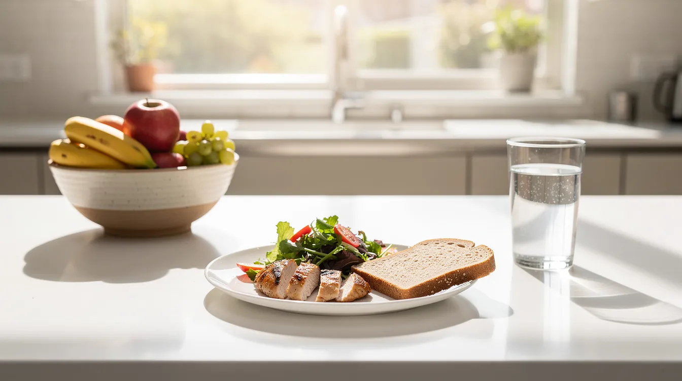 A bright kitchen counter features a simple prepared lunch plate alongside a glass of water and a bowl of fresh fruit, all illuminated by sunlight streaming through a window. This inviting scene reflects the importance of nutritious meals in the everyday life of family caregivers and their loved ones.