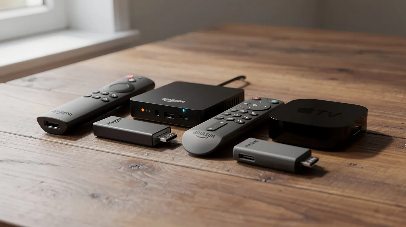 The image showcases a variety of streaming devices, including a Firestick and an Android TV box, neatly arranged on a wooden table, highlighting options for accessing IPTV services and live TV channels. These devices represent modern entertainment solutions that offer extensive content libraries and seamless compatibility for viewers.
