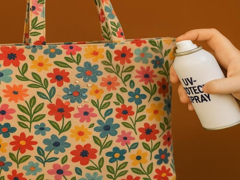 A picture showing a hand spraying UV-protective spray onto a colorful canvas bag with a floral pattern. Water droplets can be seen beading up on the surface, showing the bag’s protective coating. This helps protect the fabric and colors from sun damage and fading.