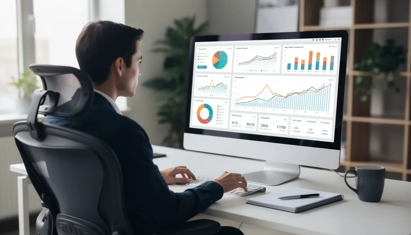 A person sits at a desk, intently looking at a computer screen displaying various graphs and data related to real estate market trends and potential motivated sellers. This image captures the essence of lead generation for real estate investors, focusing on identifying quality leads and strategies for finding motivated seller leads.