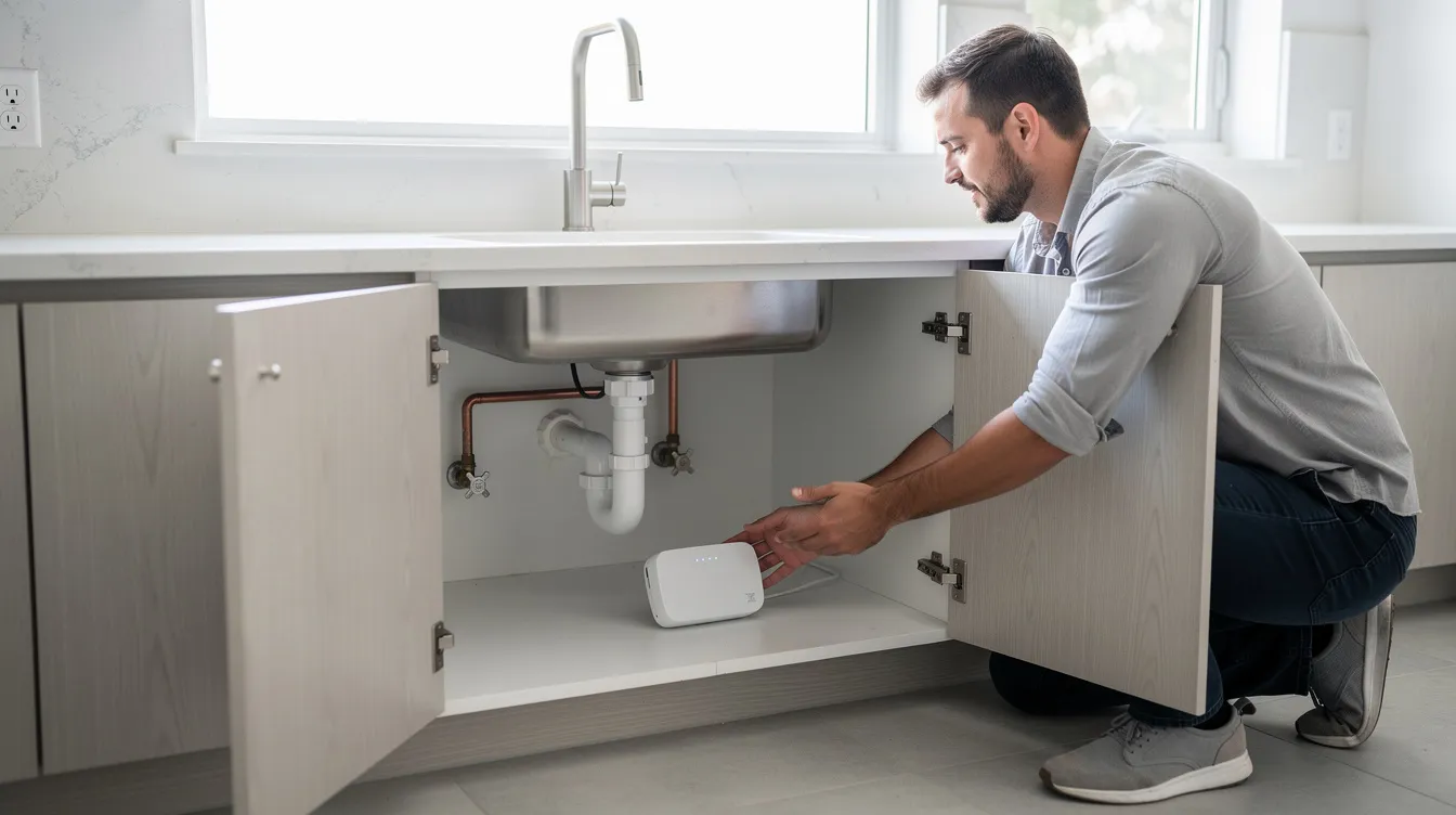 A person installing a smart water leak detector under a kitchen sink.
