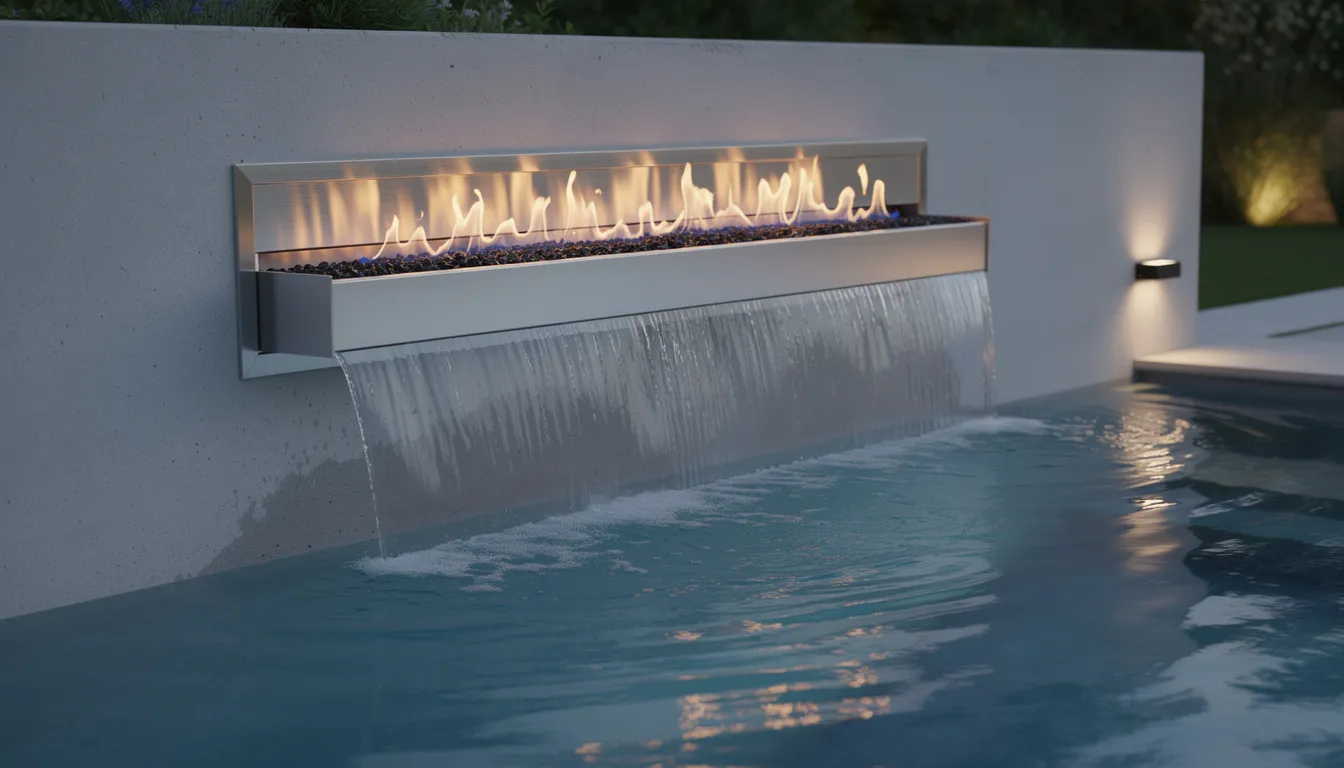 The image features a sleek stainless steel linear water scupper integrated with a fire element, set against a modern pool wall, creating a stunning focal point in the outdoor space. This combination of water and fire elements enhances the pool area's ambiance, making it an inviting atmosphere for evening gatherings.