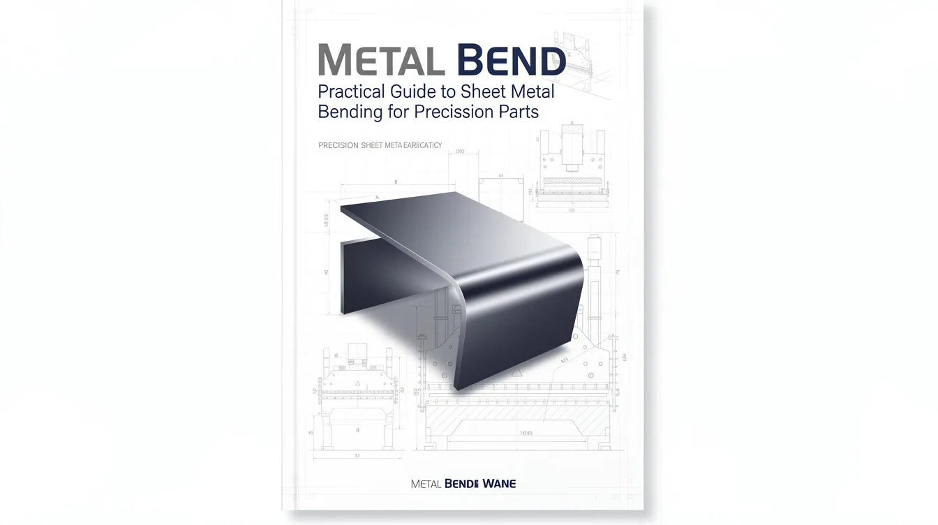 The image depicts a detailed guide on sheet metal bending, showcasing various tools and techniques used in the bending process, including a press brake and v die. It highlights important aspects like bend angles, material thickness, and the creation of high precision bent parts from flat sheets of metal.