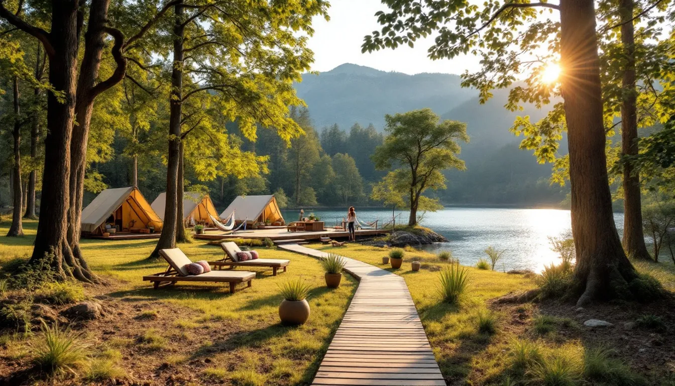 Luxurious glamping tents set in a beautiful outdoor setting.