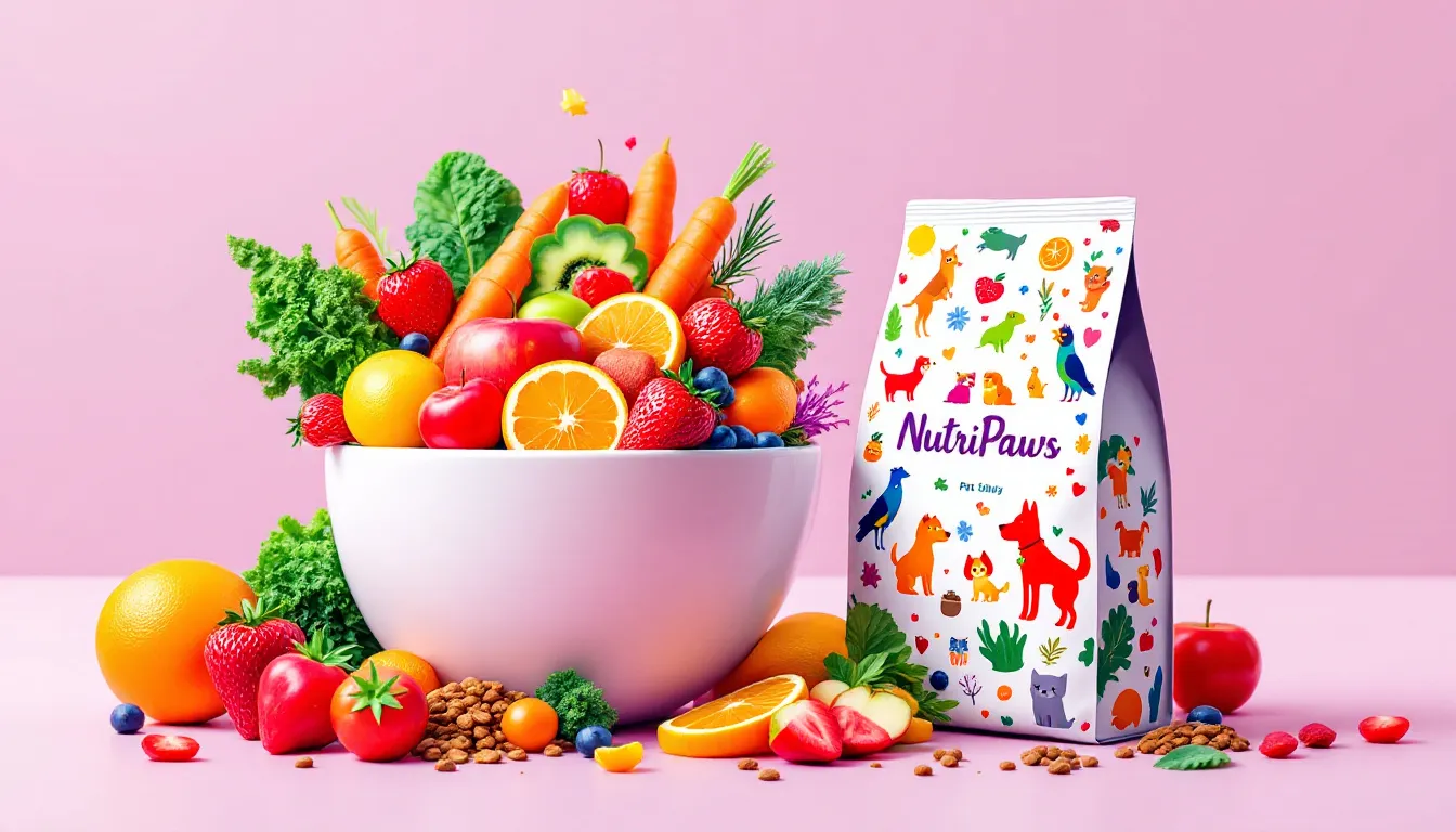 A bowl filled with fresh fruits and vegetables next to a pet food bag, representing balanced diet and nutrition management for pets.