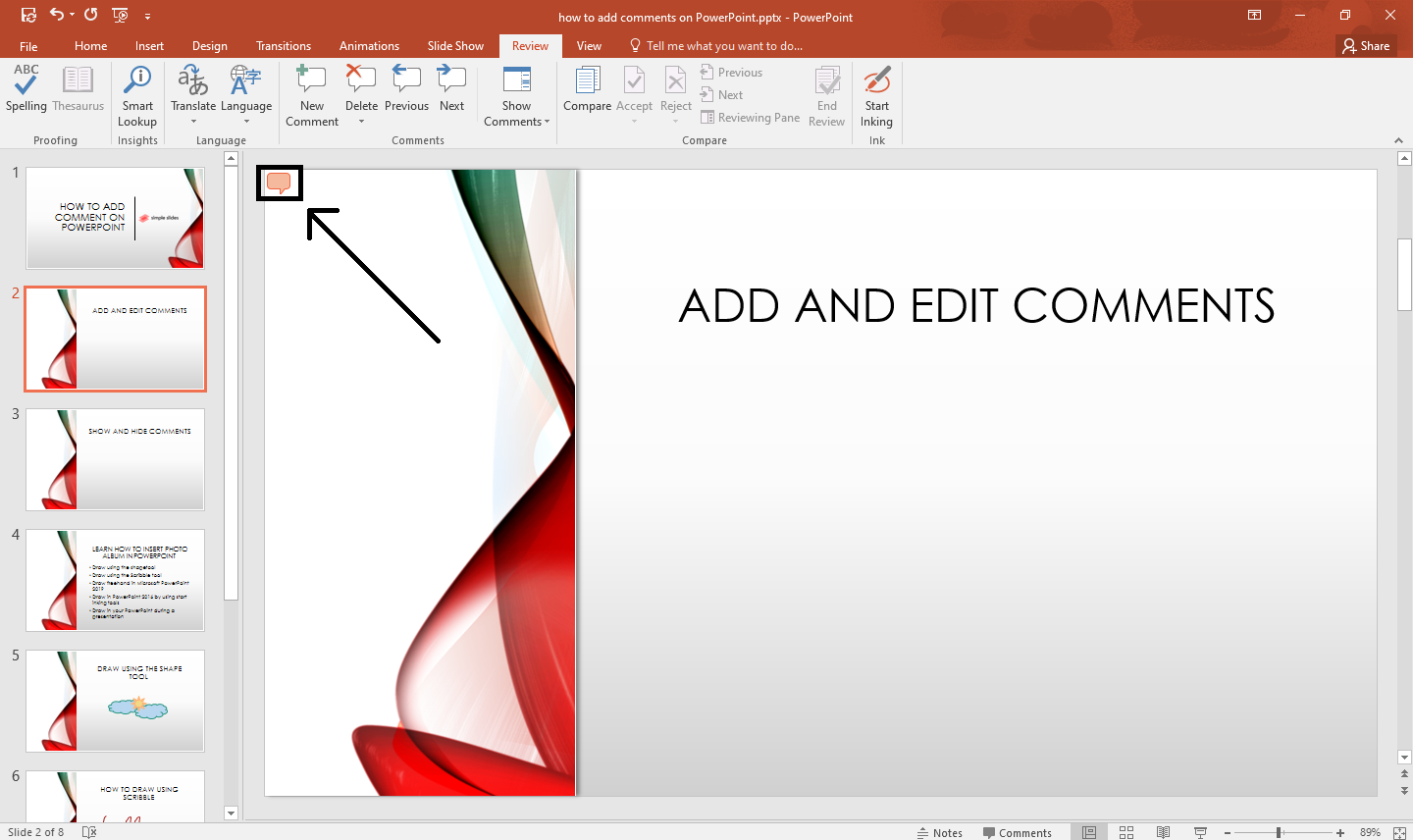 Click the comment icon on your PowerPoint slide to view comments you wish to edit.