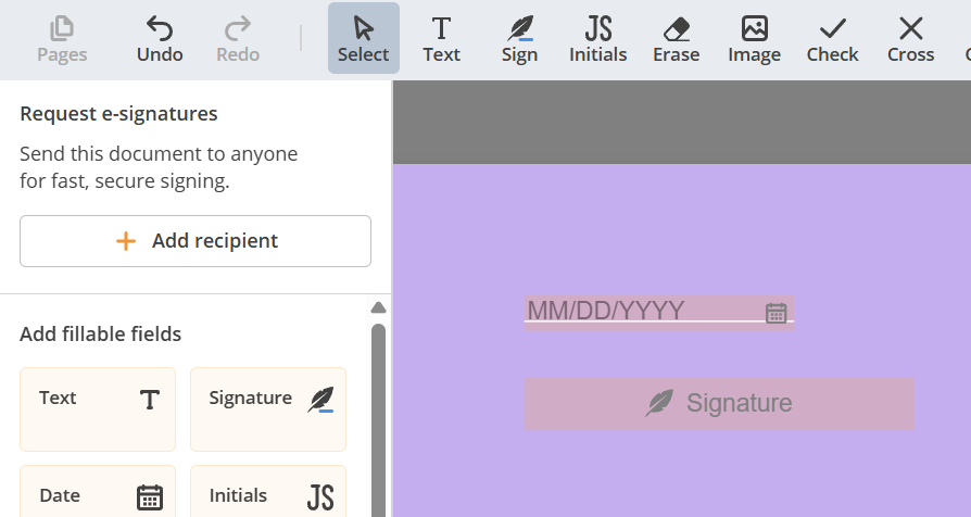 pdfFiller interface for preparing a document for eSignature and data collection. A sidebar allows users to add recipients and insert fillable fields.