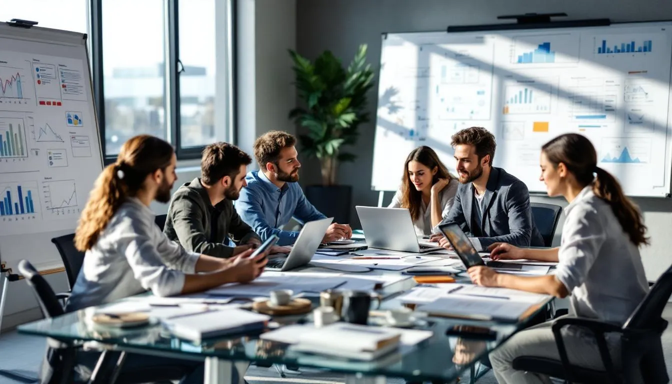 A diverse business team collaborates on strategy planning, surrounded by charts and documents that represent their ideas and goals. This environment fosters employee engagement and supports leadership development initiatives aimed at enhancing team dynamics and driving organizational success.