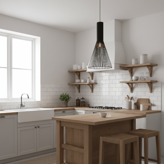 Retro wire pendant light fixture used for vintage kitchen task lighting.