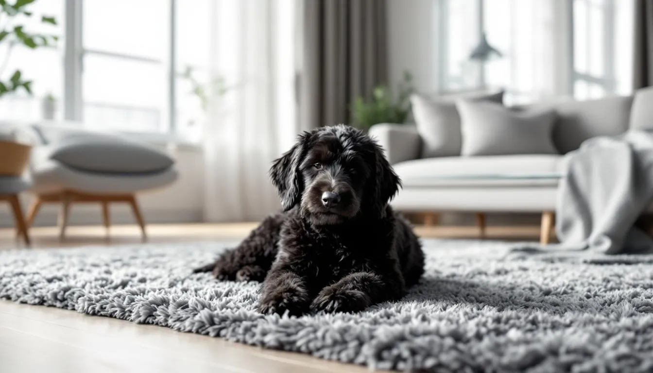 A miniature black goldendoodle is comfortably lounging in a modern apartment living room, showcasing its adaptability as a family pet. The dog