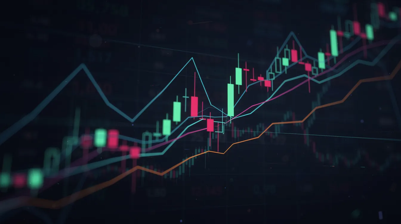 The image features an abstract visualization of cryptocurrency price charts, showcasing trend lines and candlestick patterns that highlight price fluctuations and technical indicators. This graphic represents the current XRP price performance and offers insights into market volatility and trading strategies within the broader crypto market.