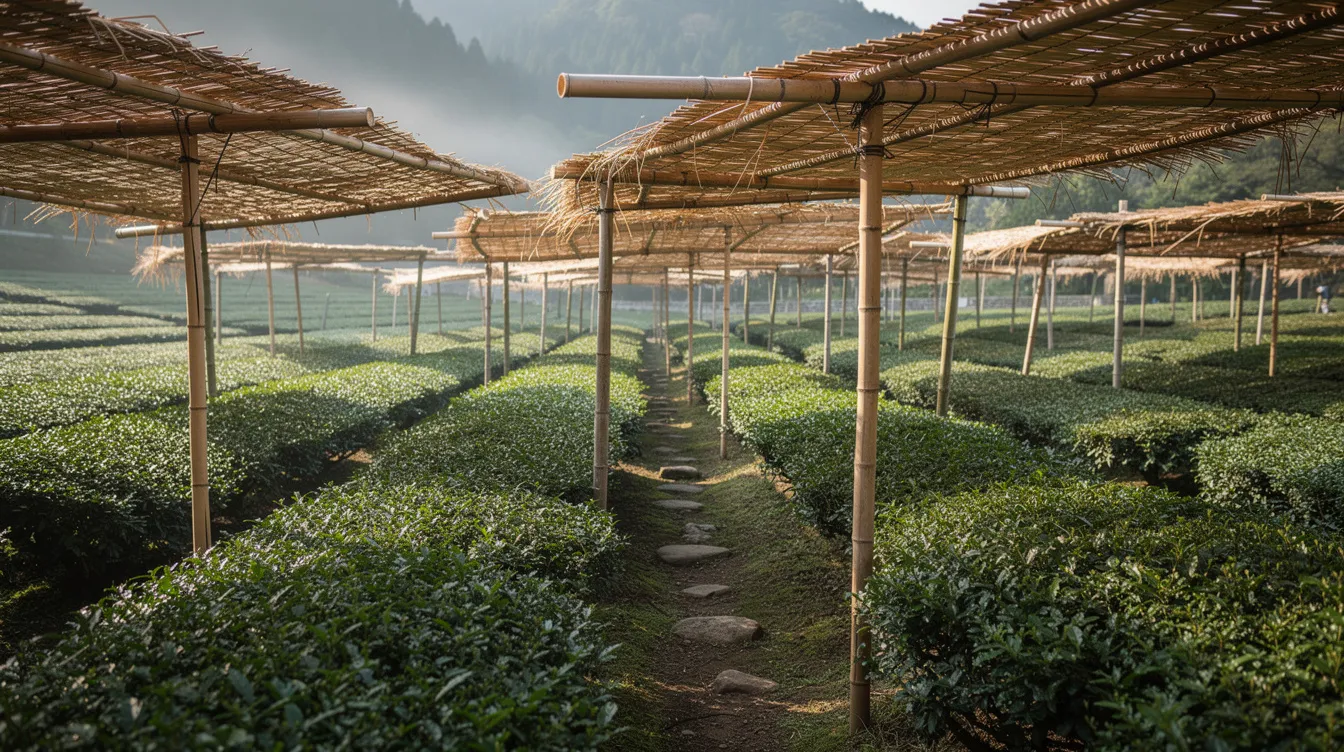 Das Bild zeigt eine traditionelle japanische Teeplantage, auf der leuchtend grüne Teepflanzen unter handgefertigten Bambus-Schattenstrukturen wachsen. Die sanfte Morgenbeleuchtung und der leichte Nebel im Hintergrund verleihen der Szenerie eine authentische, ruhige Atmosphäre, die an die Herstellung von hochwertigem Matcha erinnert.