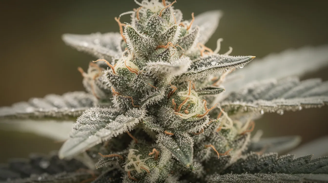 This close-up photo shows a cannabis flower with clearly visible crystalline structures—known as trichomes—that shimmer in various colors. These trichomes are rich in cannabinoids, terpenes, and flavonoids, which play a key role in the quality and potency of the cannabis plant.