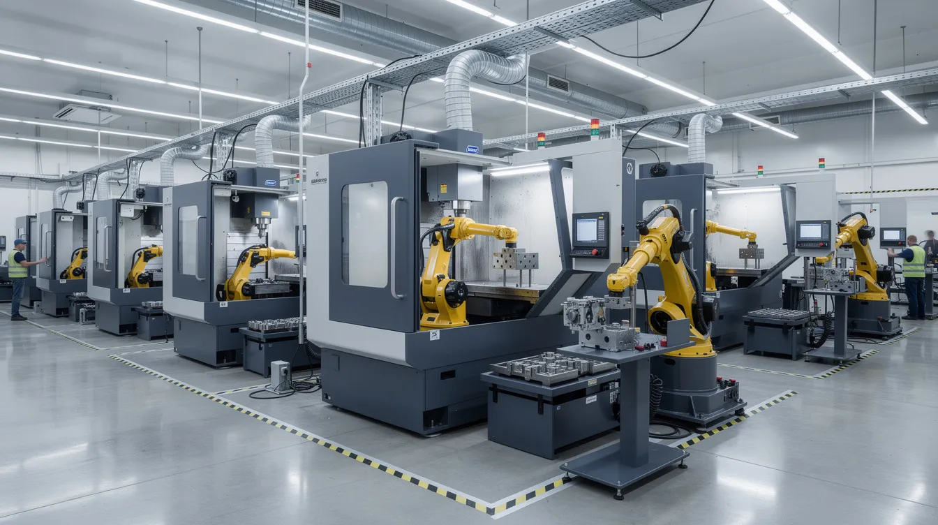The image depicts a modern factory floor featuring multiple CNC machines, including CNC lathes and CNC milling machines, arranged efficiently. Robotic arms are actively loading parts, showcasing the advanced technology and automation in the manufacturing process within a clean industrial environment.