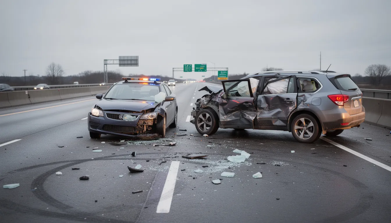 The image depicts two damaged vehicles involved in a motor vehicle accident on a highway, showcasing the aftermath of a collision. This scene highlights the importance of having adequate car insurance coverage, such as liability insurance and uninsured motorist coverage, particularly under New Mexico law, to protect against damages and medical costs incurred by injured parties.