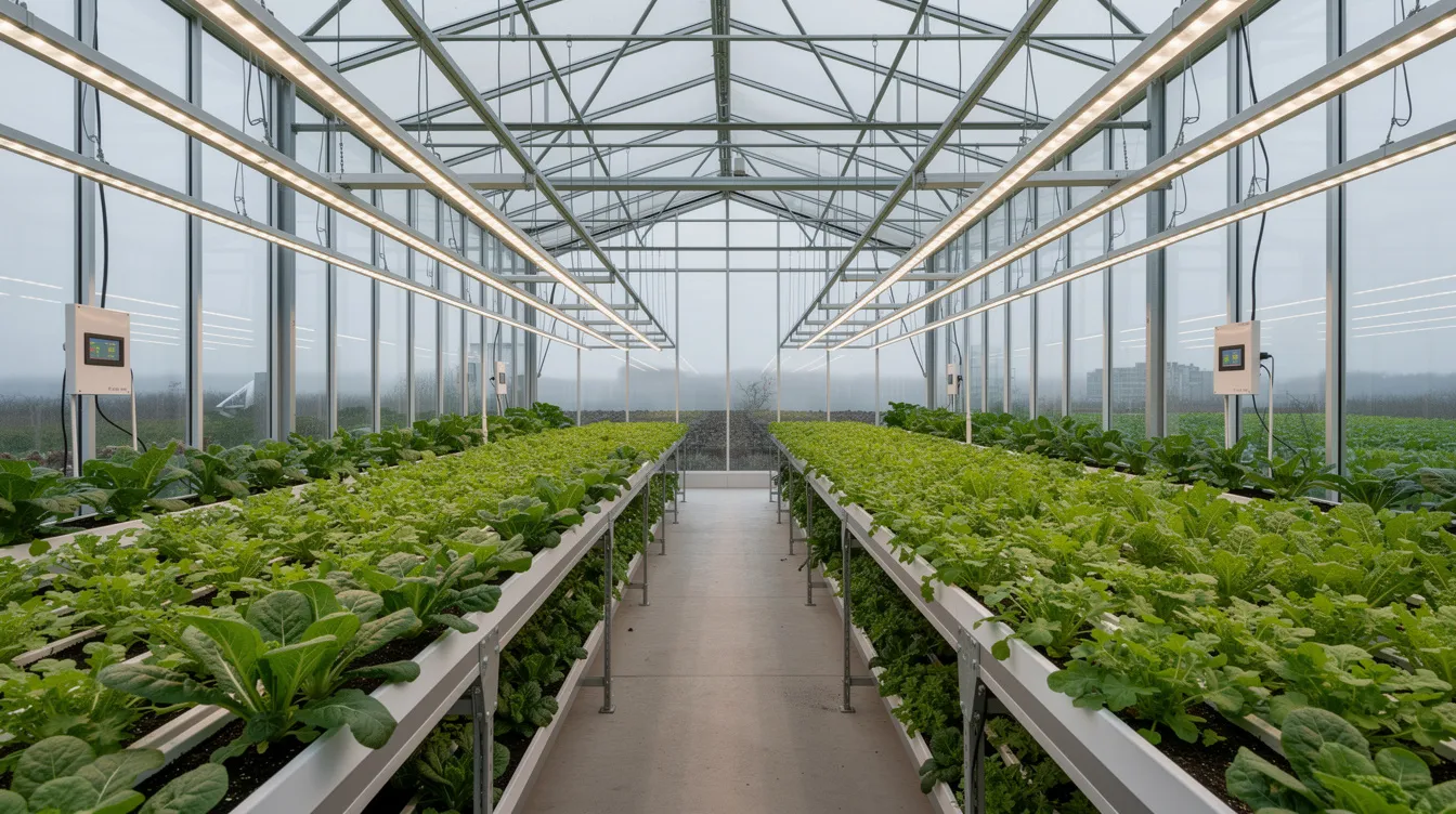 The image features a modern greenhouse filled with neatly arranged rows of vibrant green plants thriving under controlled lighting, showcasing sustainable farming practices. This setup highlights the potential for profitable agricultural businesses, particularly in organic farming and the cultivation of high-value crops.