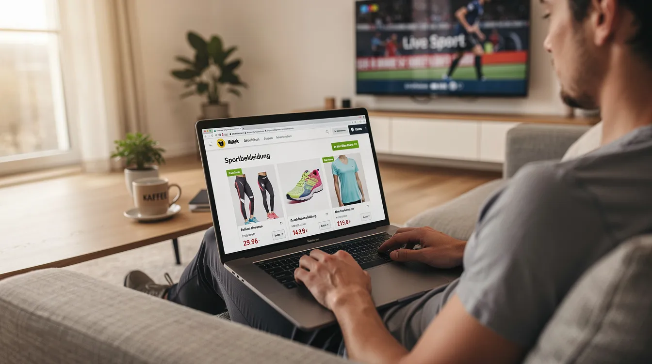 Eine Person sitzt in einem modernen Wohnzimmer und bestellt über ihren Laptop Sportbekleidung, darunter Trikots und Trainingsanzüge, aus einem Online-Shop für Vereinskleidung. Der Raum ist hell und einladend, was die entspannte Atmosphäre des Einkaufs unterstützt.