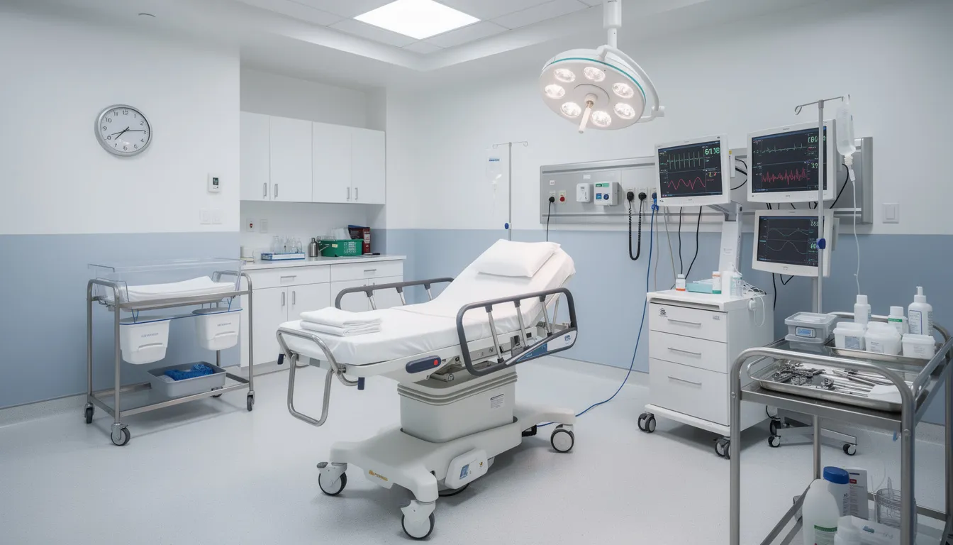 The image depicts a hospital delivery room equipped with various medical instruments and monitors, designed for monitoring fetal distress and ensuring the safety of both mother and child during labor and delivery. Such environments are critical in preventing avoidable birth injuries and addressing any medical negligence that may arise during the birthing process.