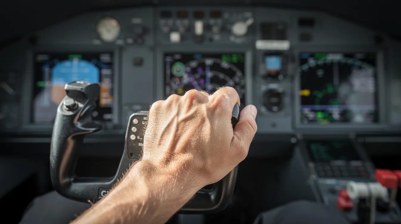 A close-up view shows a pilot's hand gripping the aircraft control yoke, with the instrument panel visible in the background, highlighting the airspeed indicator that displays crucial flight performance data such as indicated airspeed (IAS) and atmospheric pressure. This image emphasizes the importance of accurate measurement in ensuring flight safety and efficient flight operations.