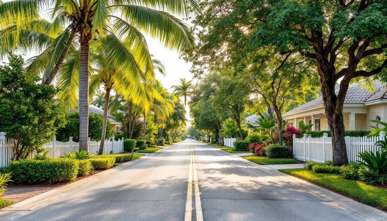 The image depicts a peaceful street in Sanibel Estates, lined with lush tropical landscaping that enhances the serene atmosphere of the community. This tranquil neighborhood showcases the charm of Sanibel Island, making it an inviting place for residents and potential homebuyers interested in real estate opportunities.