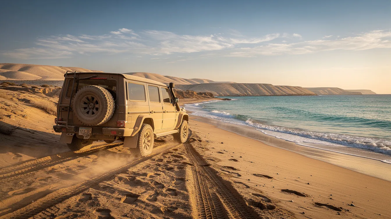 Un SUV circula por una pista de arena junto a la laguna turquesa cerca de Dakhla.