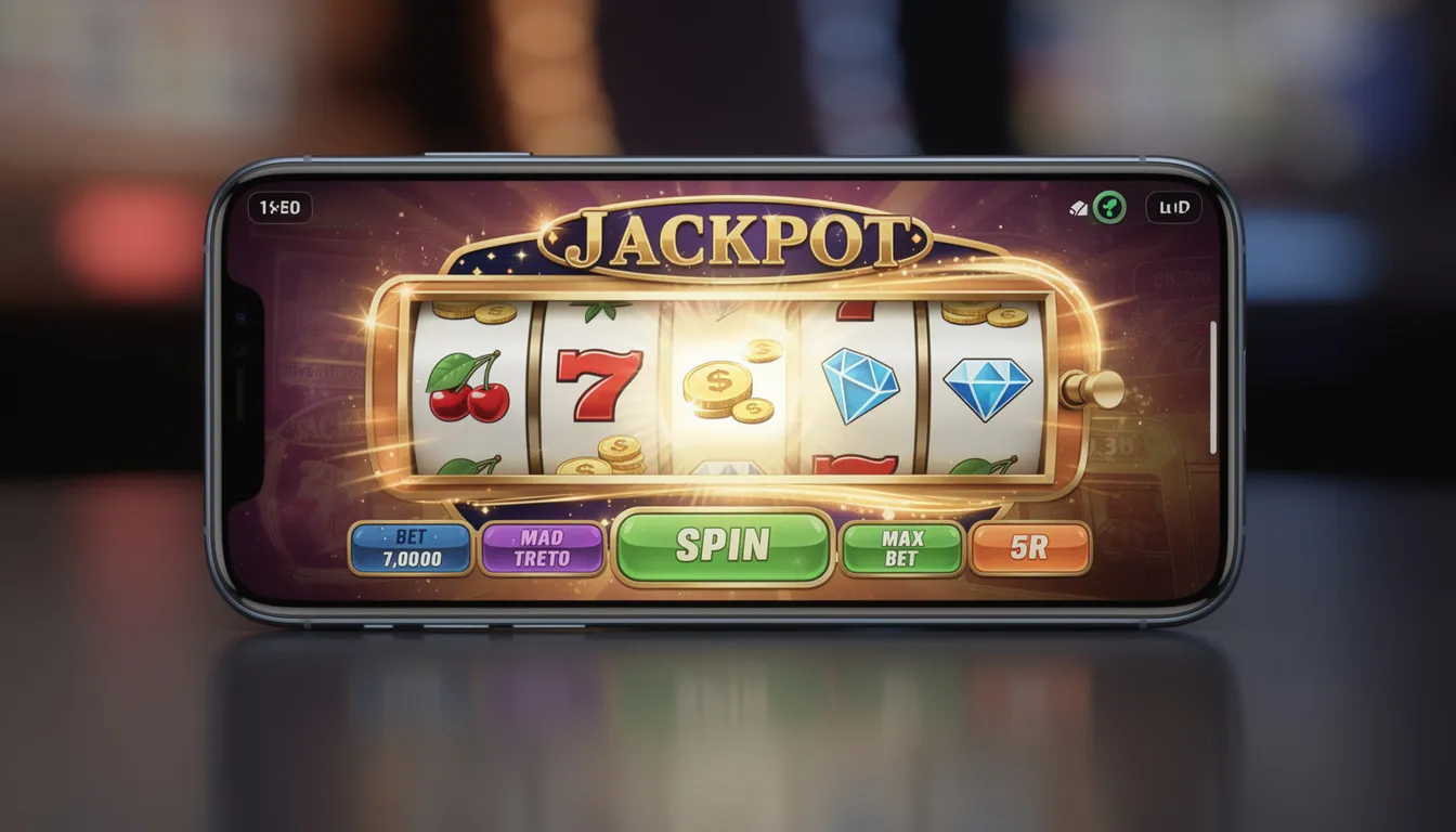 A smartphone screen showcases a vibrant online casino game interface, featuring colorful graphics and engaging gameplay elements. The display highlights the exciting options available, inviting users to explore their gaming rights and opportunities.