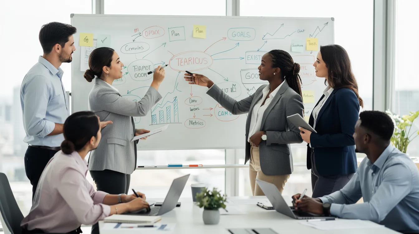 A diverse team of professionals collaborates around a whiteboard filled with diagrams, showcasing actionable data and innovative ideas. They are focused on integrating technology and developing solutions to enhance their business processes and achieve success in their projects.