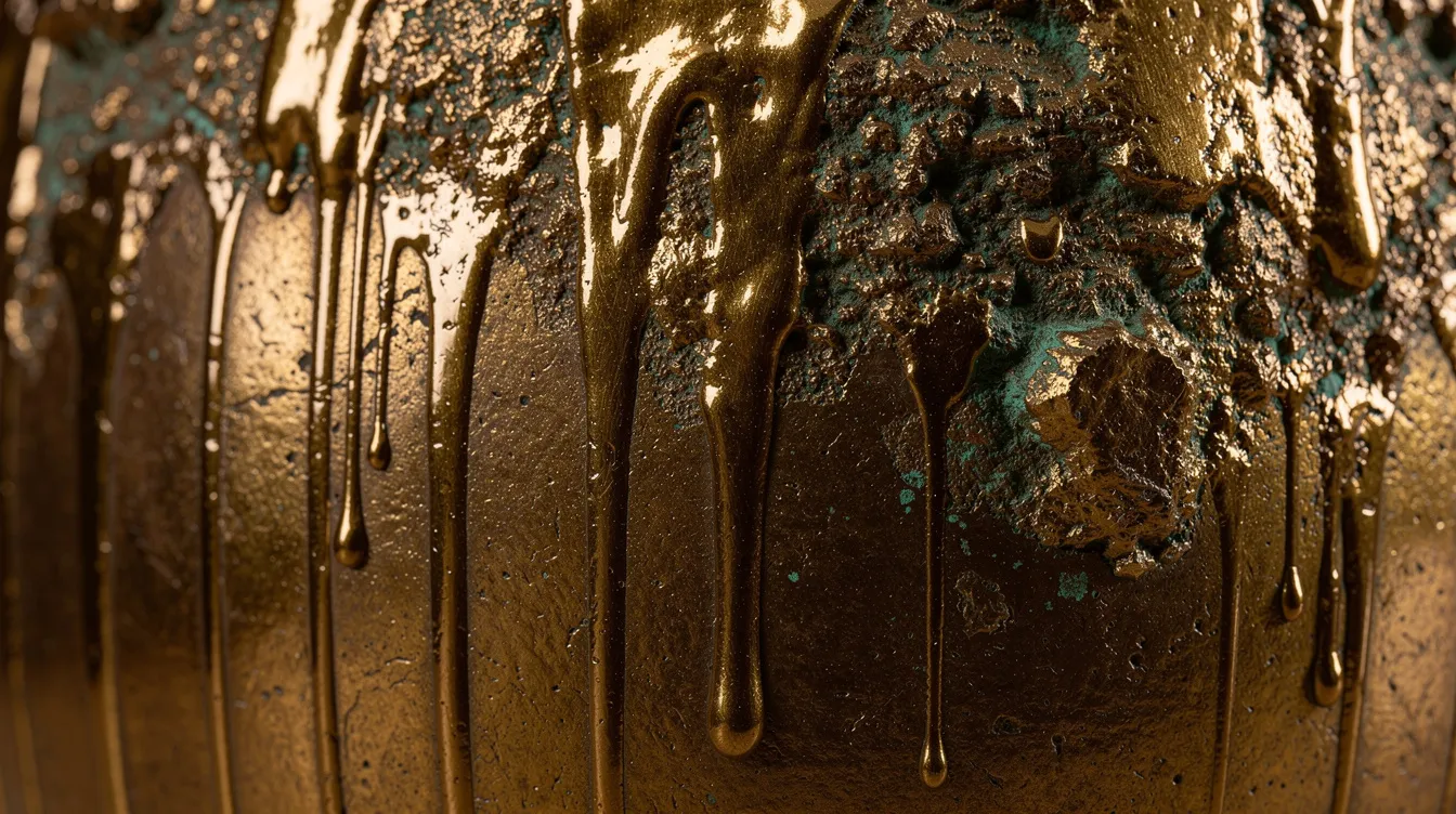 Détail d'une surface en bronze colorée, présentant des coulures et des reflets brillants qui évoquent l'œuvre moderne de l'artiste Julien Marinetti. Cette sculpture de style pop art, inspirée du bouledogue, attire le regard par ses teintes vibrantes et son caractère unique.