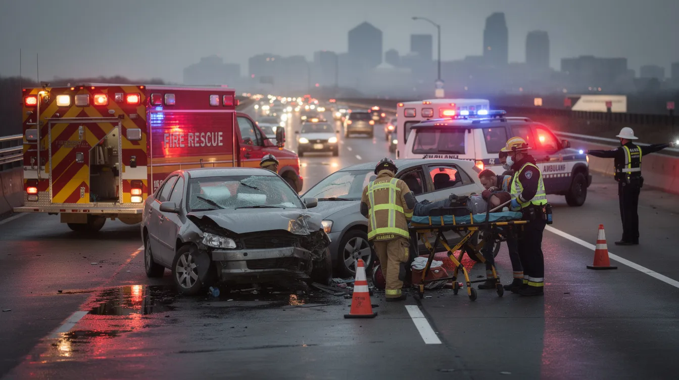 The image depicts emergency vehicles and first responders attending to a serious car accident scene on a highway, highlighting the urgency of the situation. This scene emphasizes the need for experienced car accident attorneys in Houston to assist victims with personal injury claims and navigating the legal process with insurance companies.