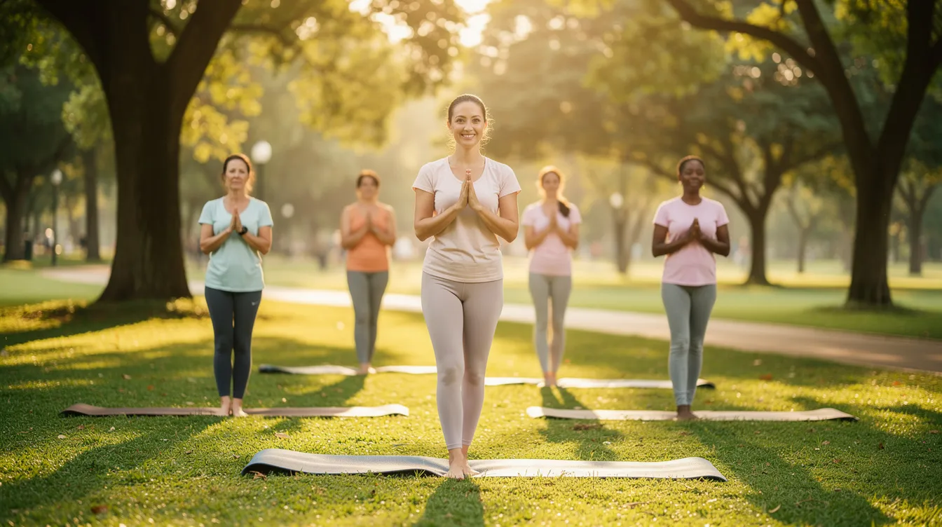 3c1ac7cd eba5 4d16 9b93 405c7f0d410f A yoga instructor is guiding a small group class outdoors in a serene park setting, surrounded by greenery and natural light. This scene highlights the growing trend of personal fitness training and wellness services, appealing to busy professionals seeking relaxation and health.