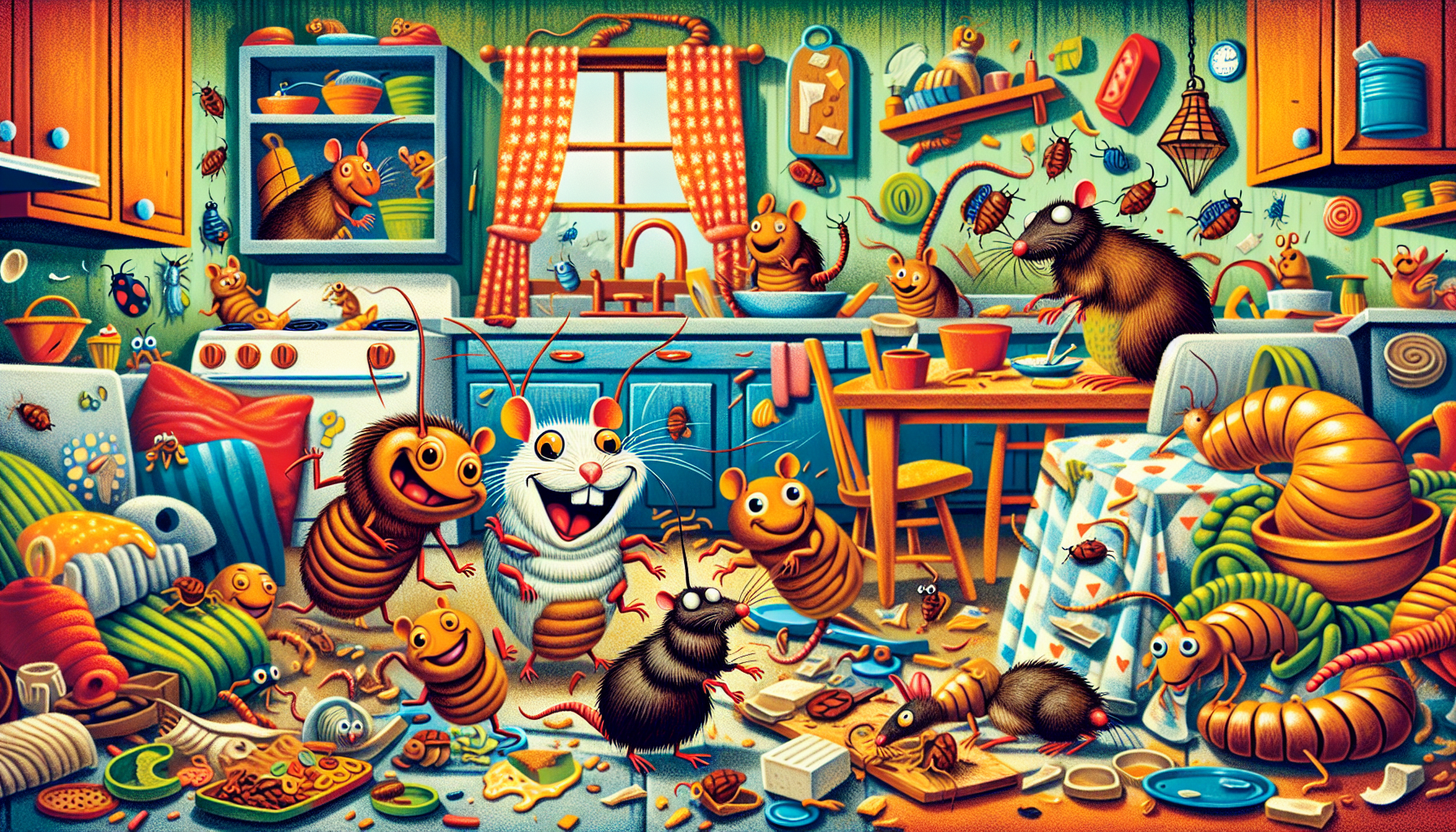 Illustration depicting various household pests causing problems.
