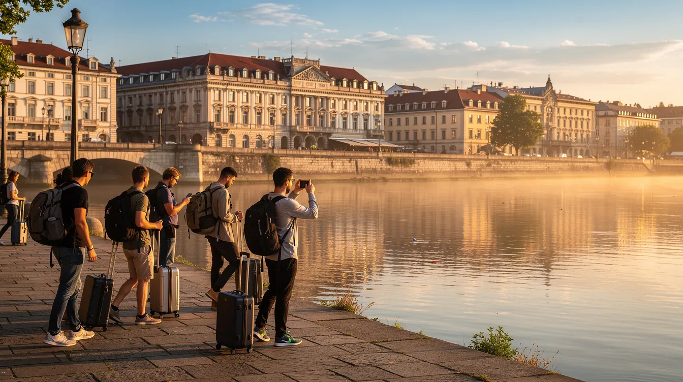 Travelers stroll along the banks of the River Thames, with iconic historic buildings like the Tower Bridge and the Houses of Parliament visible in the background. This scene captures the essence of a London trip, showcasing the blend of natural beauty and the city's rich history.