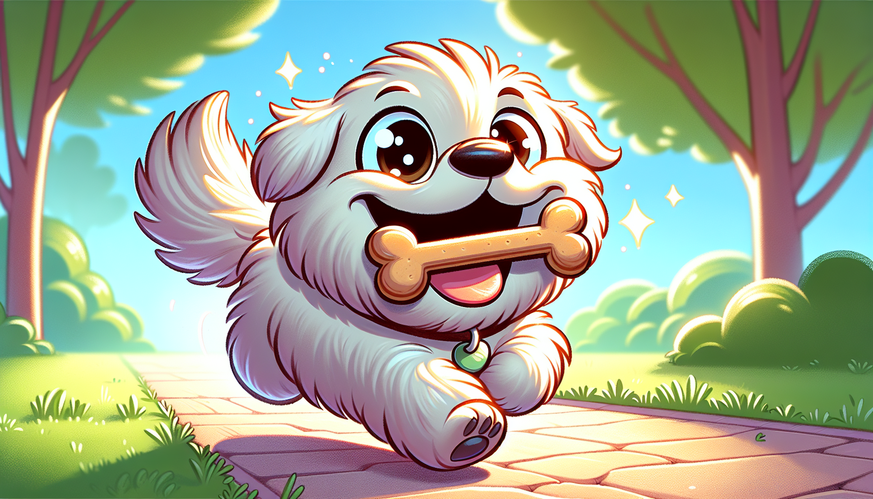 Cartoon of a dog happily walking with a treat in its mouth