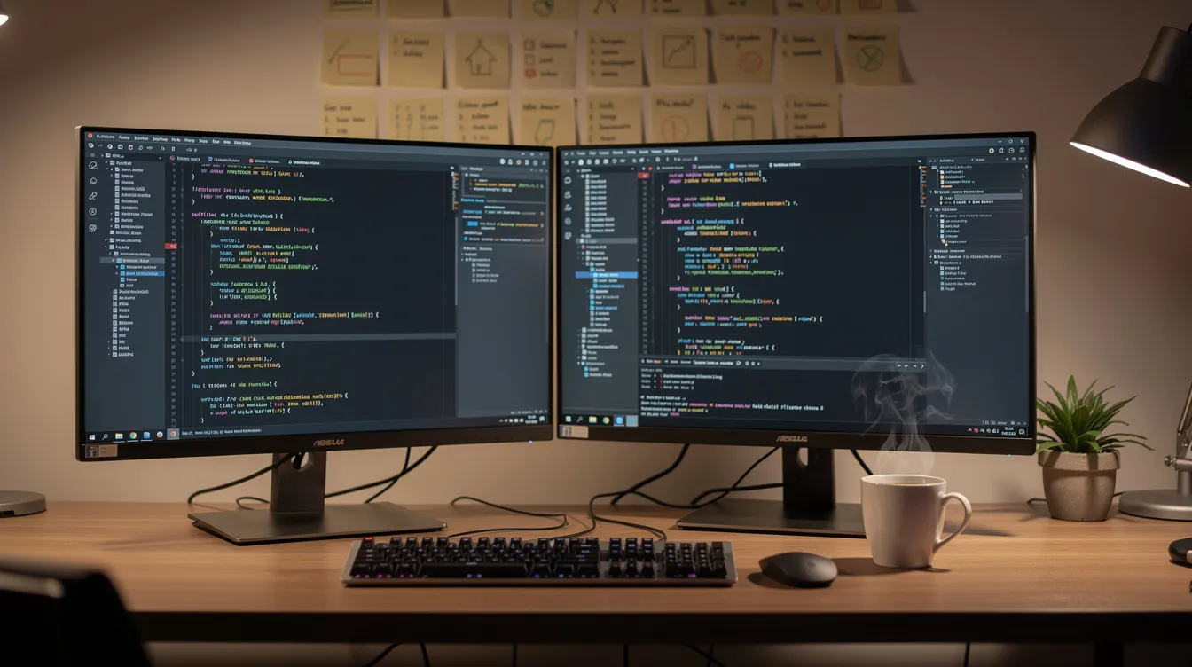 Poste de travail de développeur avec deux écrans affichant du code.